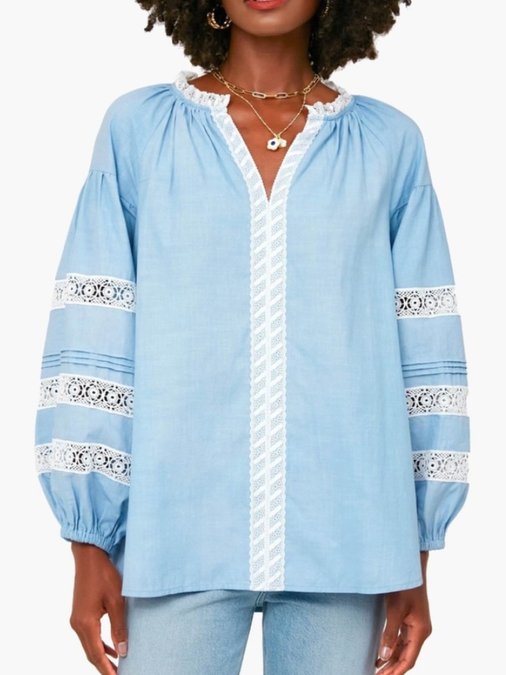 TUCKERNUCK Ingrid Cool Blue White Crochet Lace Peasant Blouse Women’s XXL NWT